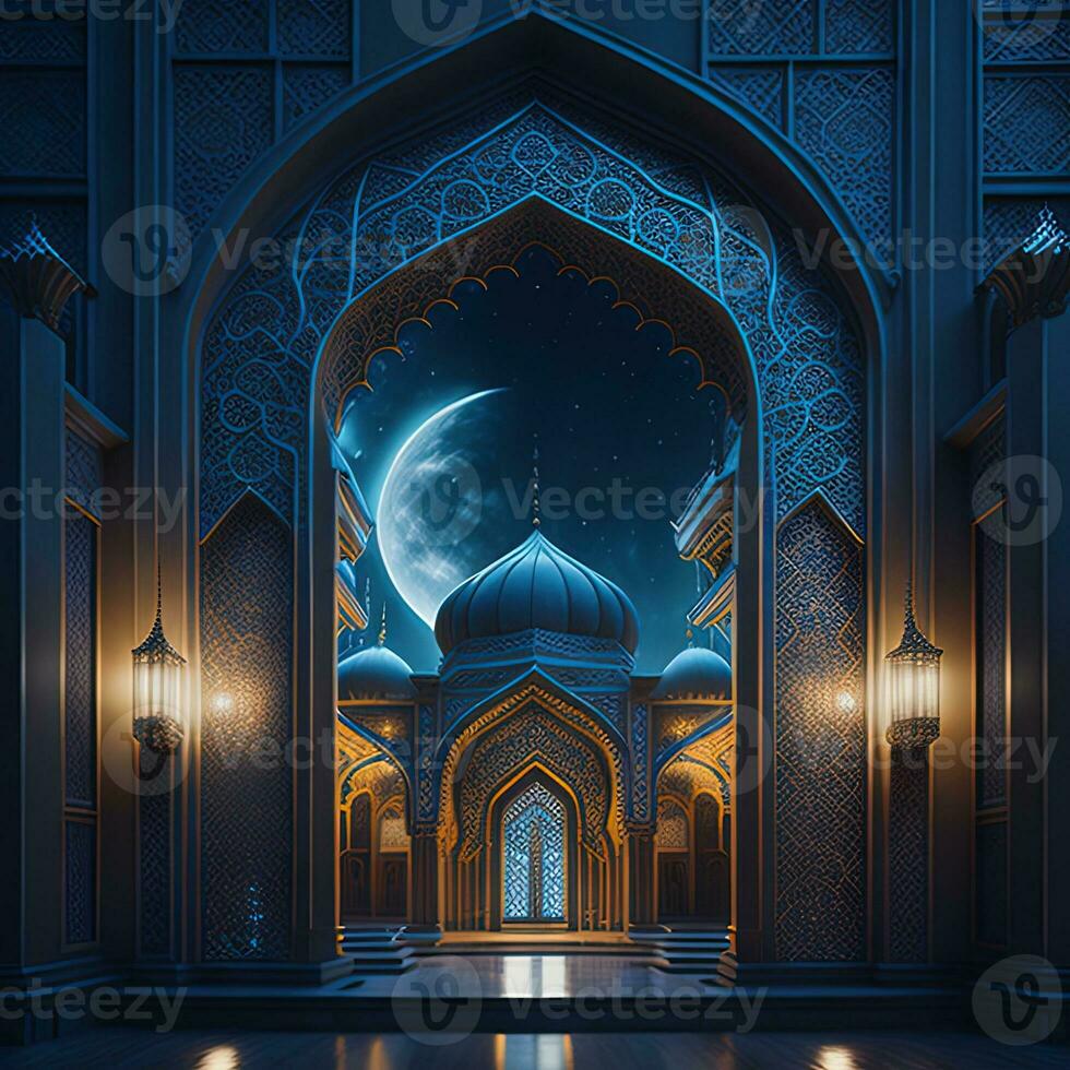 un imagen de un mezquita con un Luna y estrellas ai generado foto