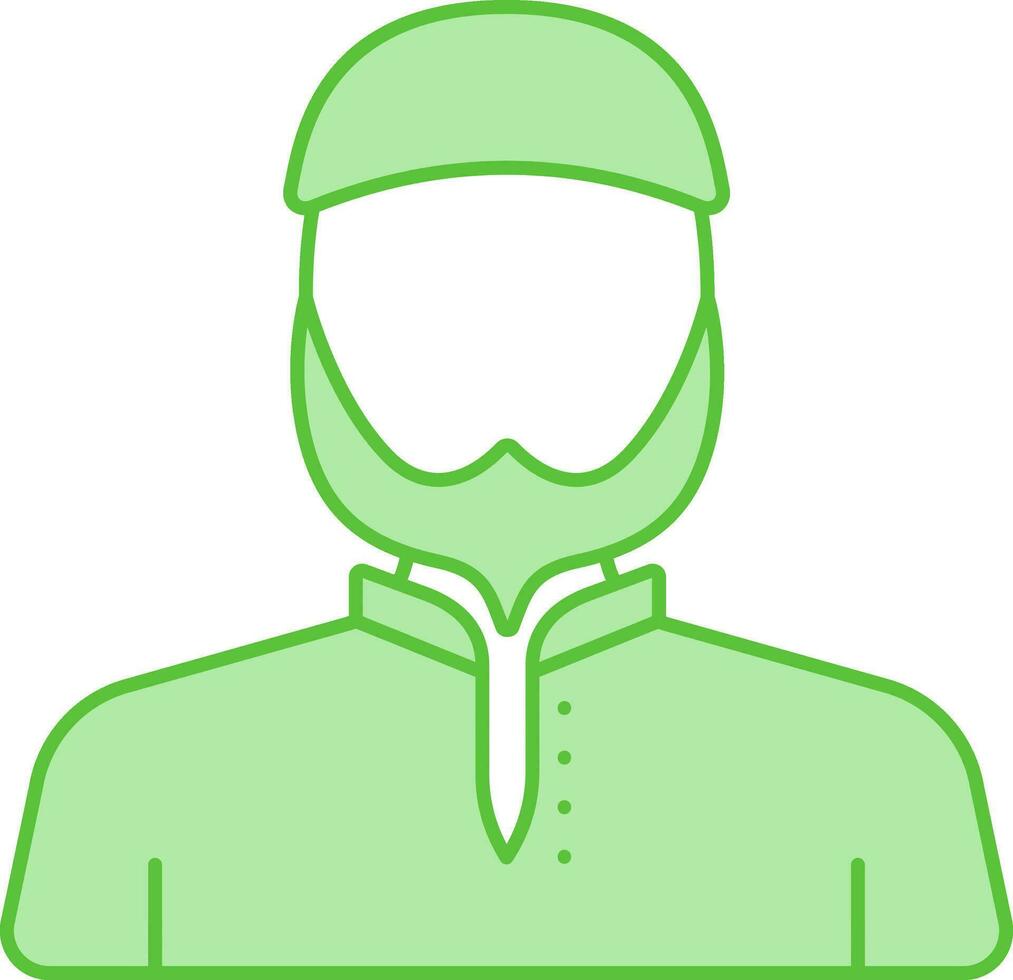 Bearded Man Wearing Arabic Dress With Kufi Hat In Green And White Color. vector