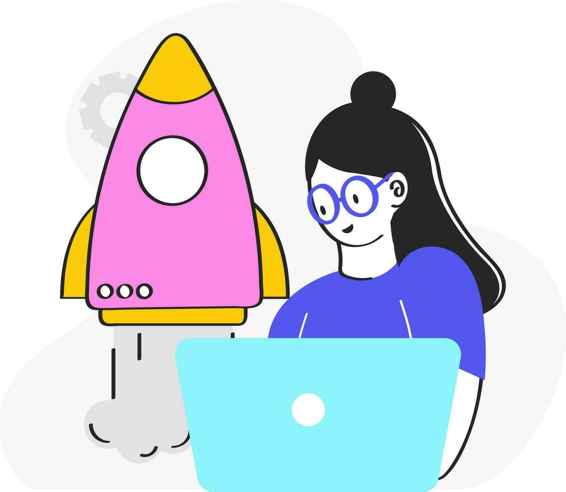 Vector Illustration Of Businesswoman Or Employee Launching A Project Of Rocket On White Background.