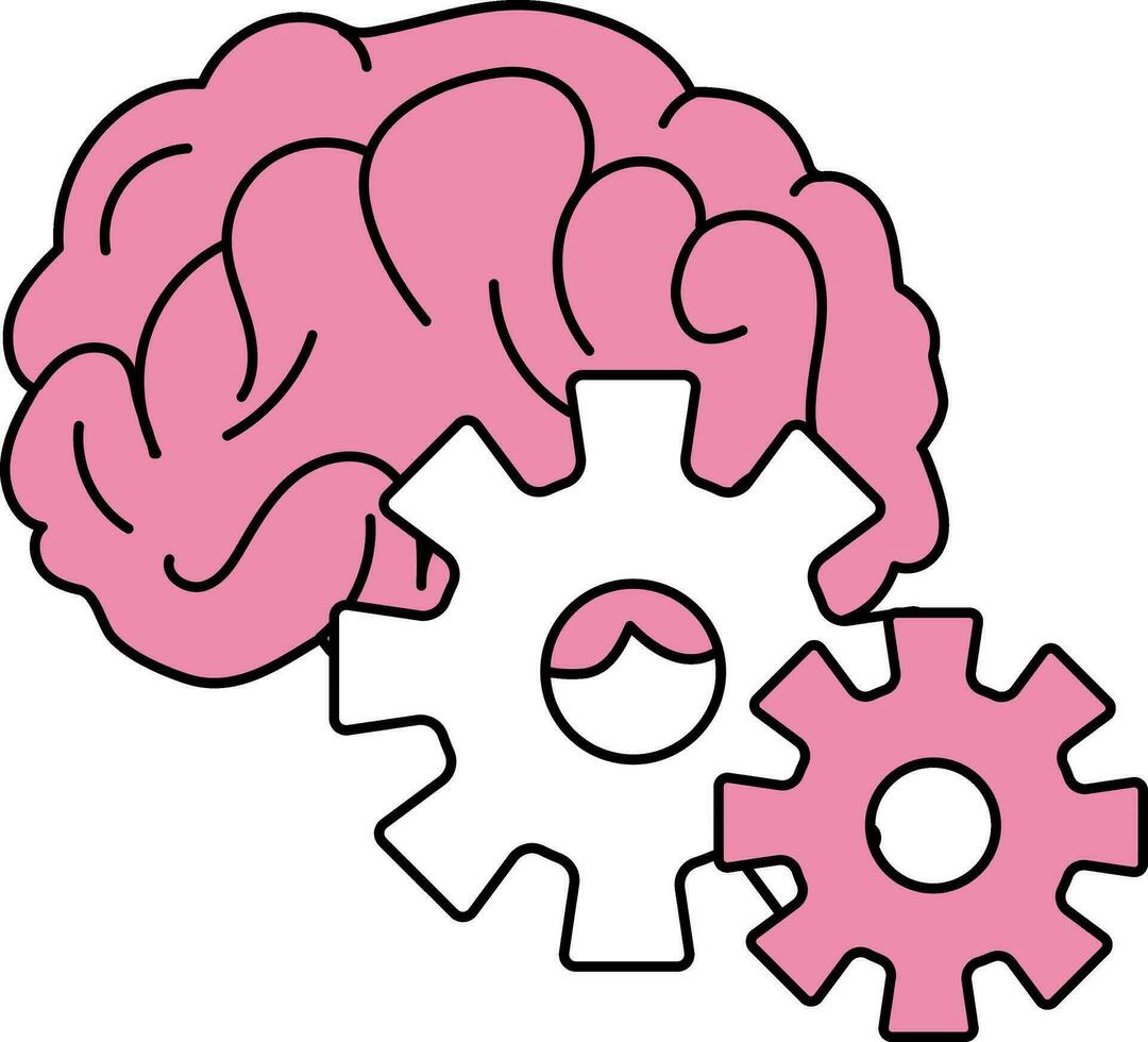 rosado y blanco rueda dentada con cerebro plano icono o símbolo. vector