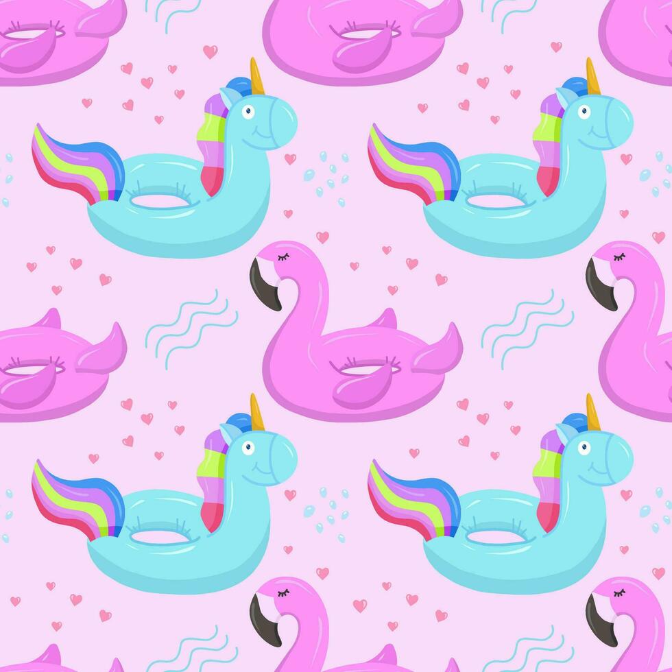 Inflatable swimming circle with a blue unicorn, flamingo. Inflatable rubber toys for water and beach. Seamless vector pattern on summer and marine themes.