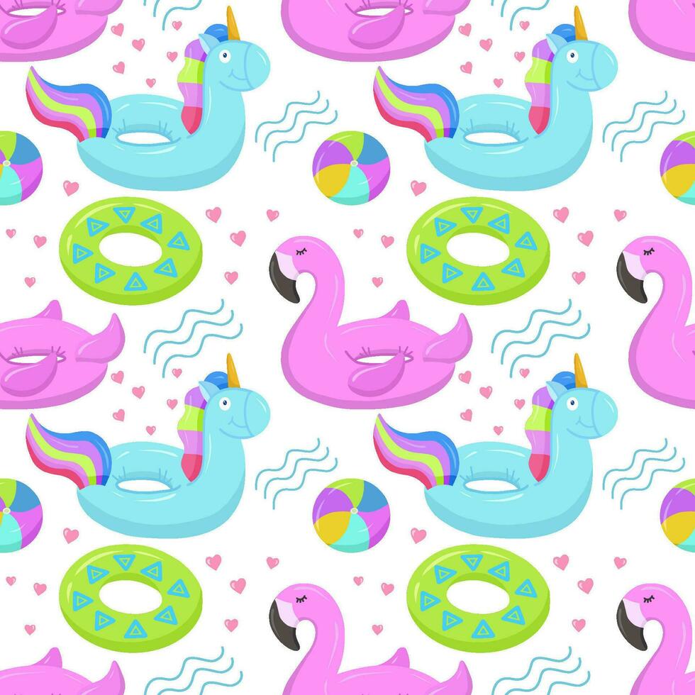 Inflatable rubber toys for water and beach. Inflatable swimming circle with blue unicorn, flamingo, circle pattern. Seamless vector pattern for summer and marine themes.