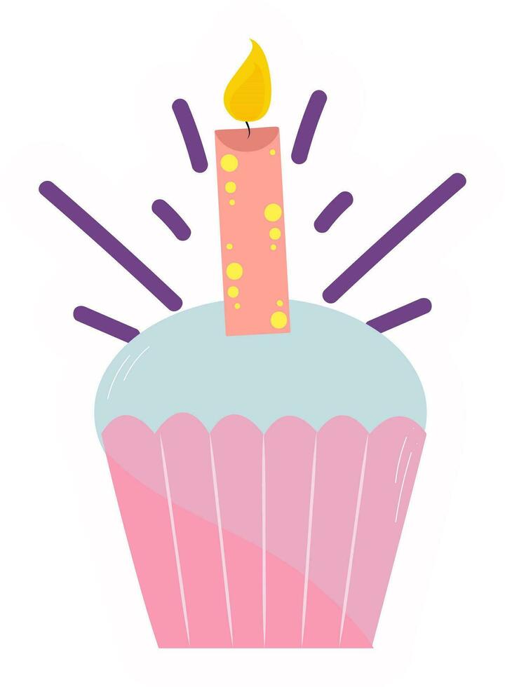 Isolated Burning Candle Cup Cake In Sticker Style. vector