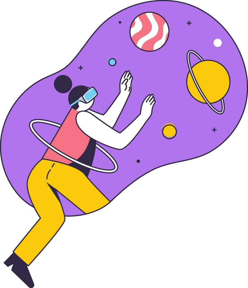 Cartoon Woman Watching To Imaginary Universe Through VR Glasses On Purple And White Background. vector