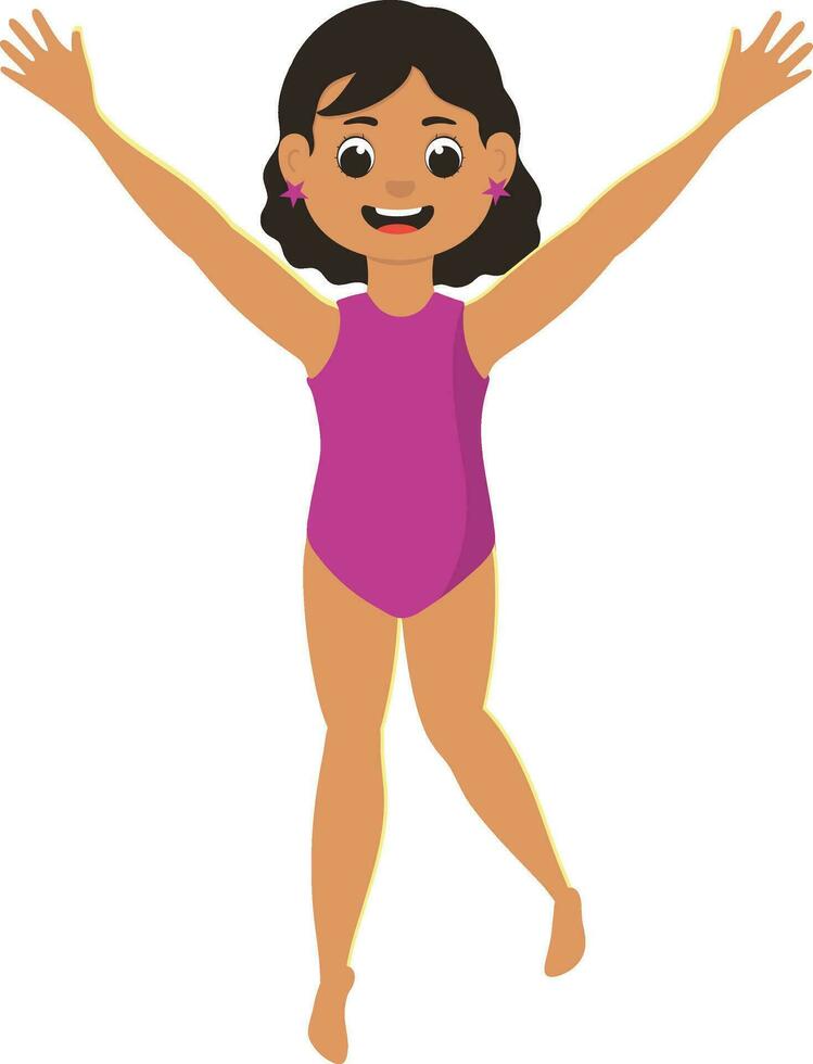 Cheerful Swimmer Girl Raising Hands Up On White Background. vector