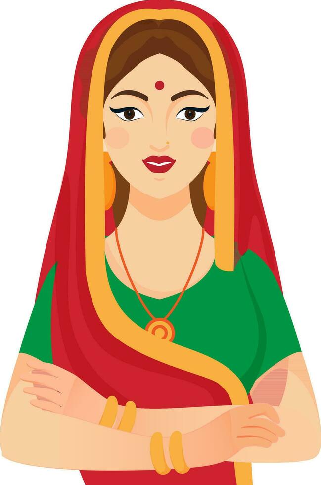 Beautiful Young Indian Woman Wearing Saree And Folding Hands Illustration On White Background. vector