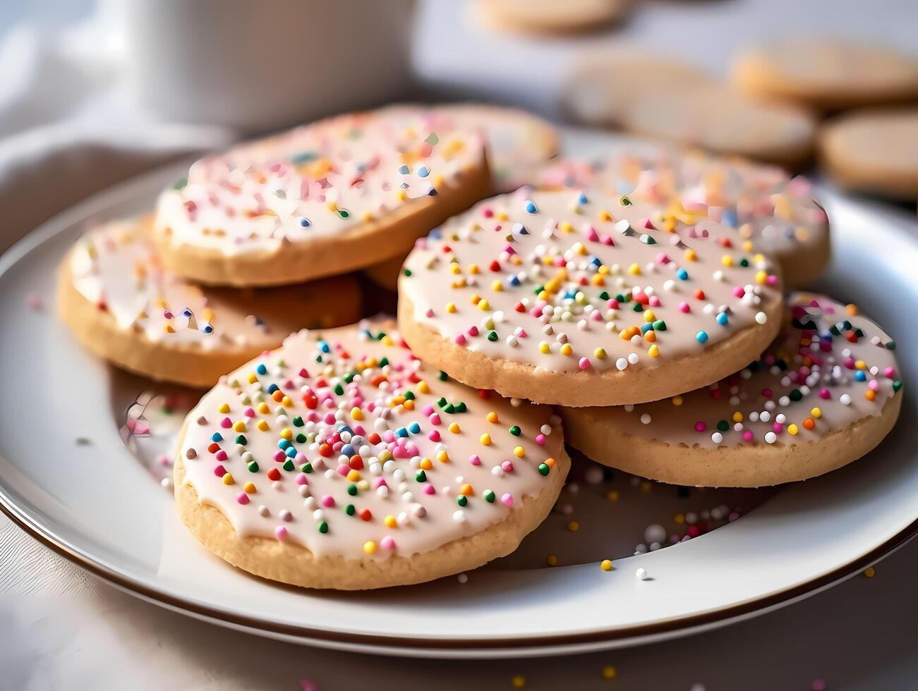 Sugar cookies with sprinkle on wooden board photo