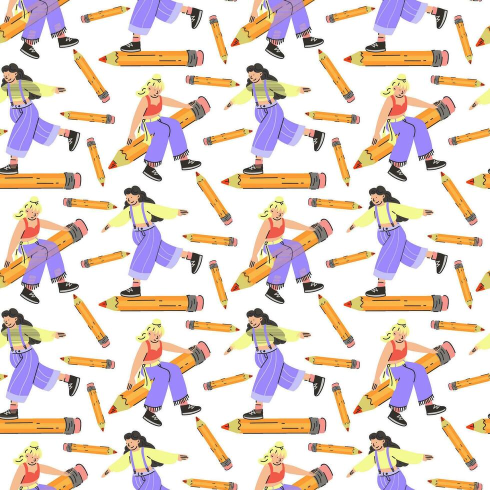 A pattern of different young people holding large pencils with a seamless pattern. Happy young students write, draw. The concept of education. Knowledge Day, September. Back to school. Vector