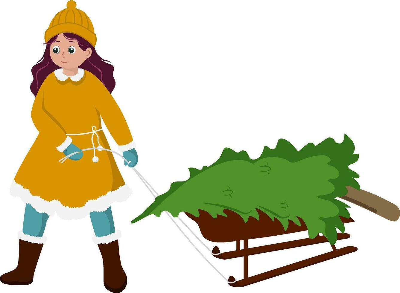 Illustration Of Young Girl Carrying A Sled With Xmas Tree Against Background. vector