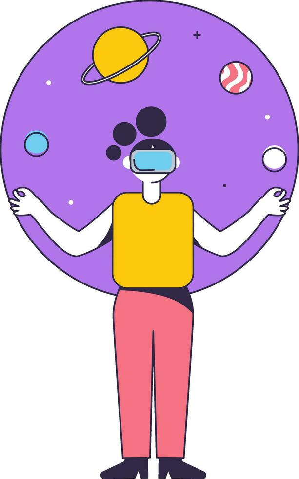 Illustration Of Woman Watching To Imaginary Universe Through VR Glasses On Purple And White Background. vector