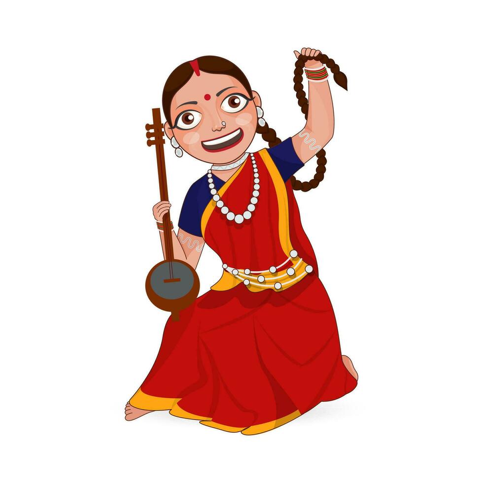 Pandavani Female Singer Wearing Traditional Attire Against White Background. vector