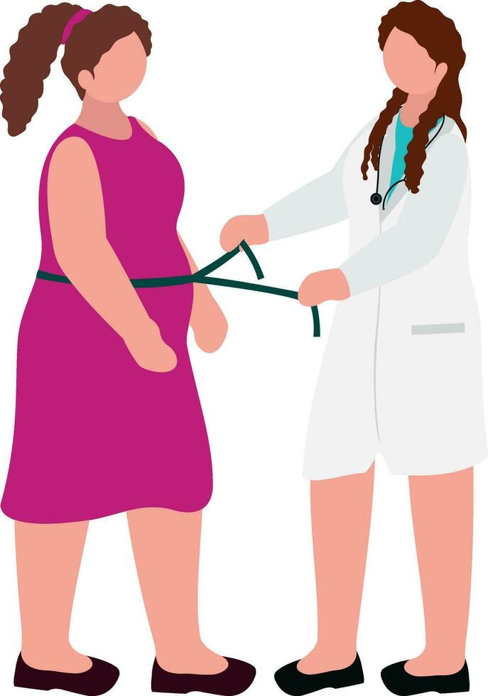 Faceless Female Doctor Measuring To Patient Waist With Tape Against White Background. vector