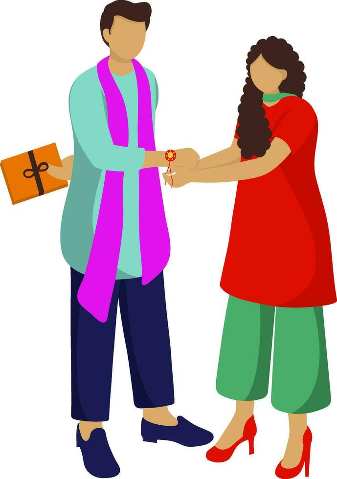 Faceless Teenage Girl Tying Rakhi To Her Brother With Gift Box On White Background. vector