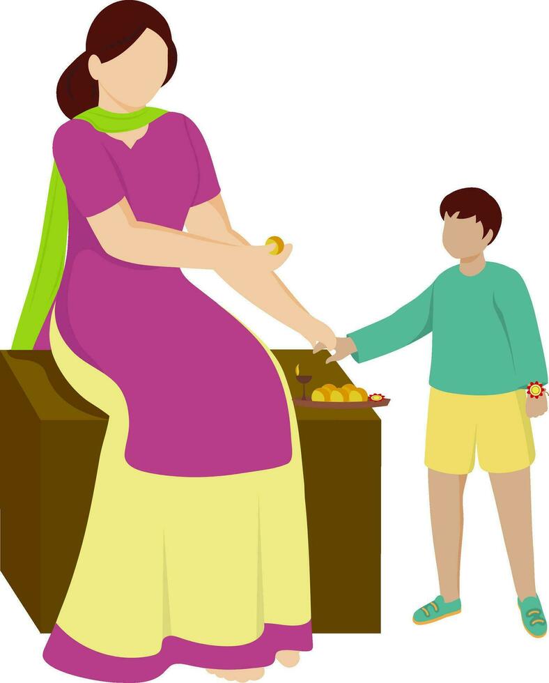 Faceless Indian Young Girl Offering Sweet To Her Brother On The Occasion Of Raksha Bandhan. vector