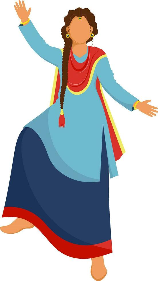 sin rostro joven punjabi mujer ejecutando bhangra danza en tradicional atuendo. vector