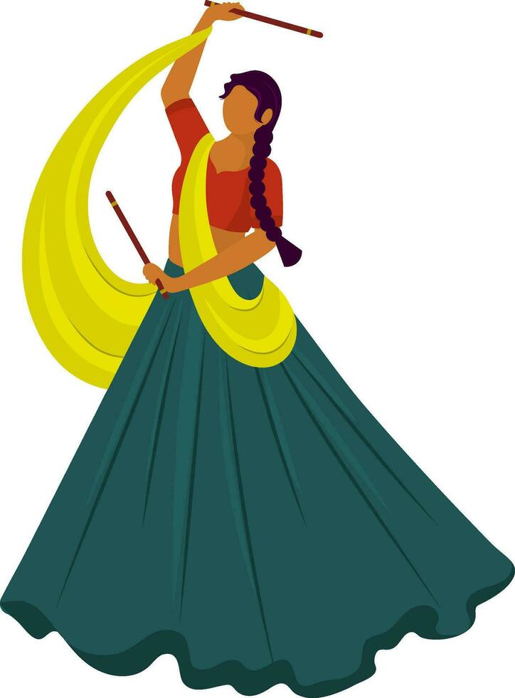 dibujos animados indio mujer jugando con dandiya palos en blanco antecedentes. vector