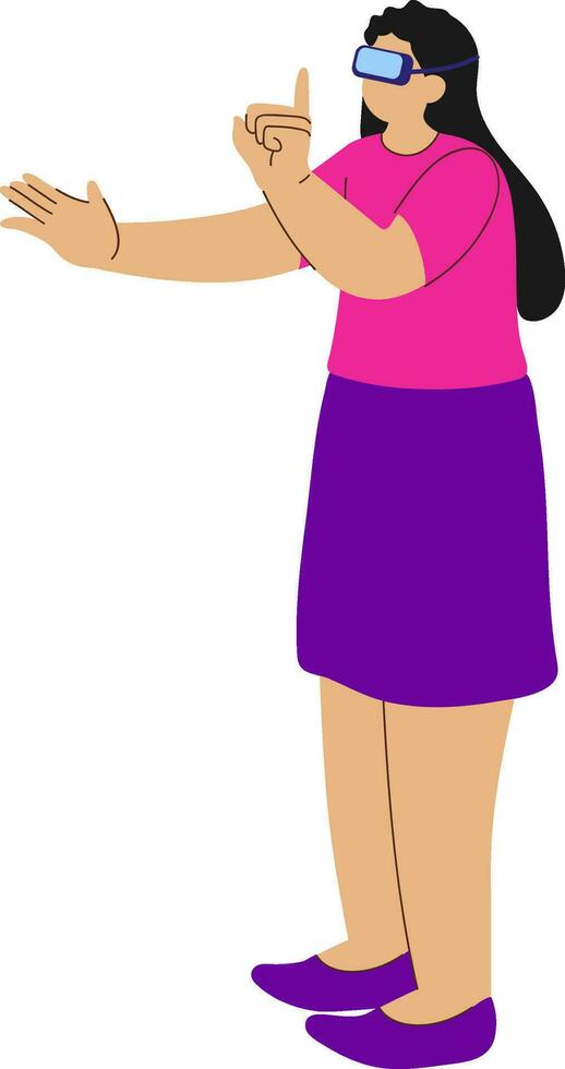 personaje de joven mujer vistiendo vr lentes en en pie pose. vector