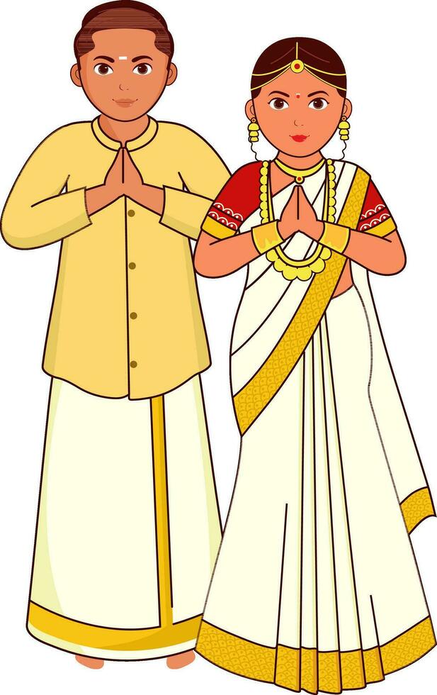 Kerala Wedding Couple Greeting Namaste In Standing Pose. vector