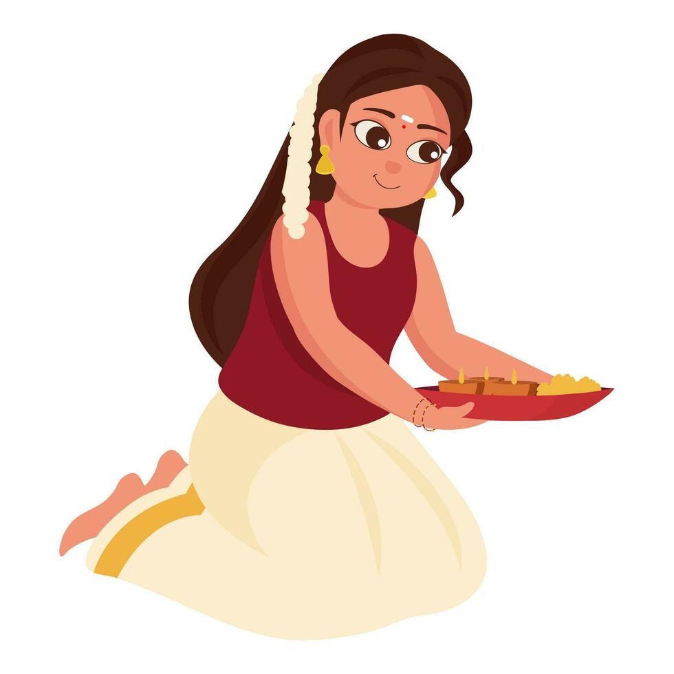 South Indian Girl Wearing Traditional Dress With Worship Plate On White Background. vector