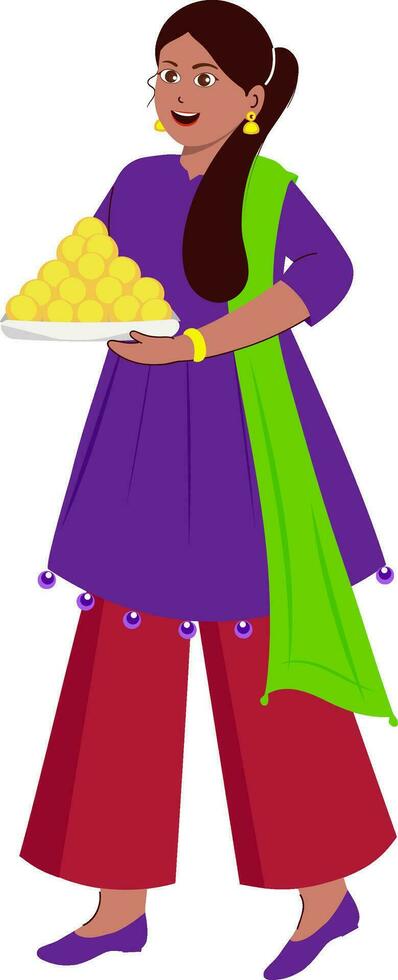 Happiness Teenager Girl Holding Plate Of Indian Sweet Laddu In Standing Pose. vector