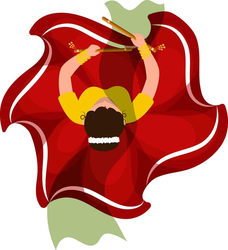 Top View Of Indian Young Woman Playing Dandiya On White Background. vector