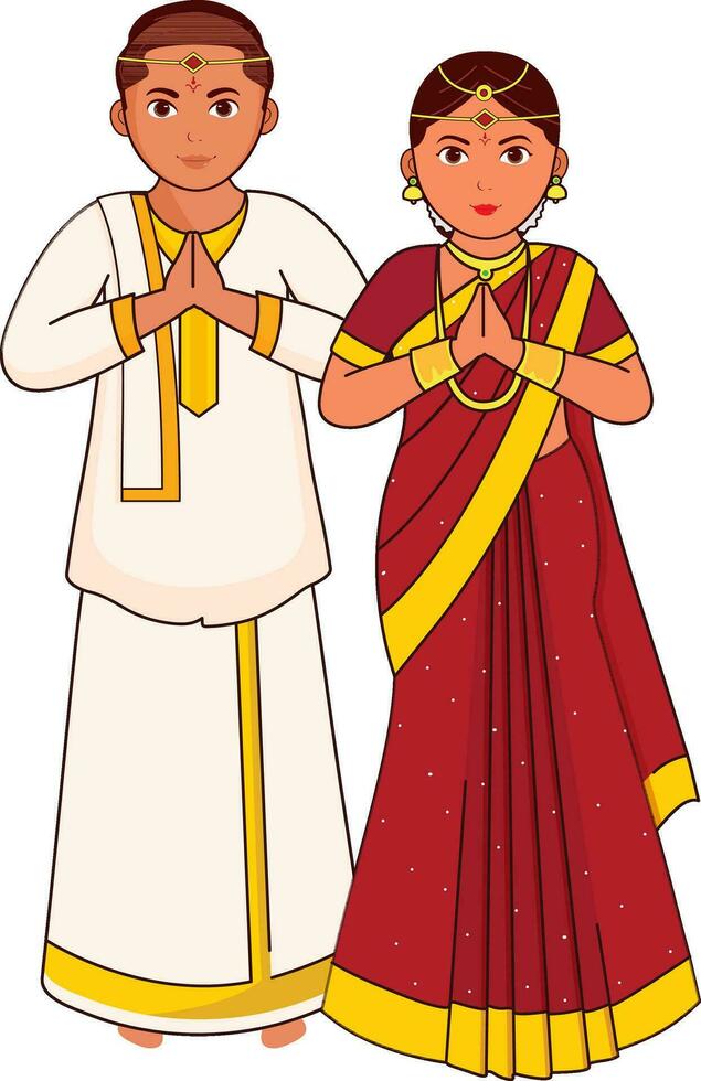 Telugu Wedding Couple Greeting Namaste In Traditional Dress. vector