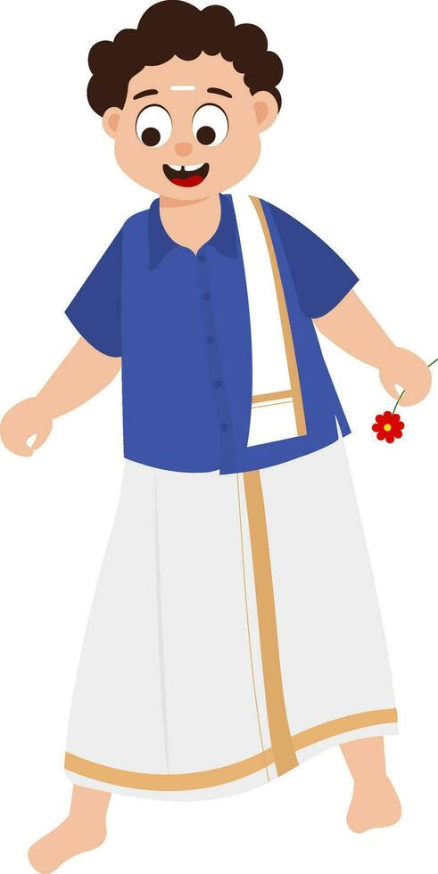 South Indian Cartoon Boy Holding A Flower In Standing Pose. vector