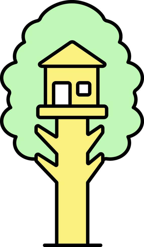 Yellow And Green Tree House Icon In Flat Style. vector