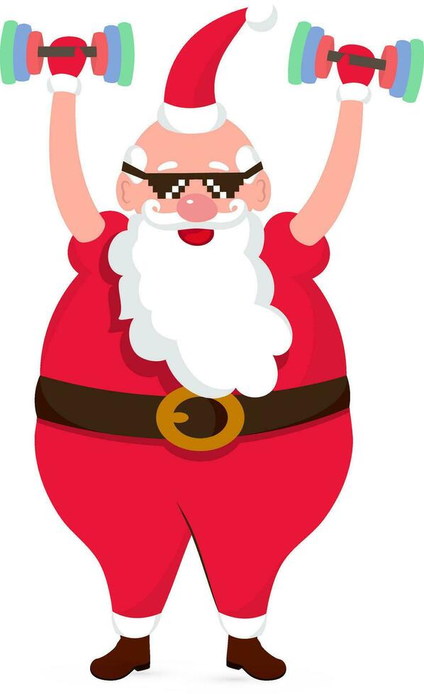 Cool Santa Clause wearing Black Goggles, Happy and Lifting Dumbbells. vector