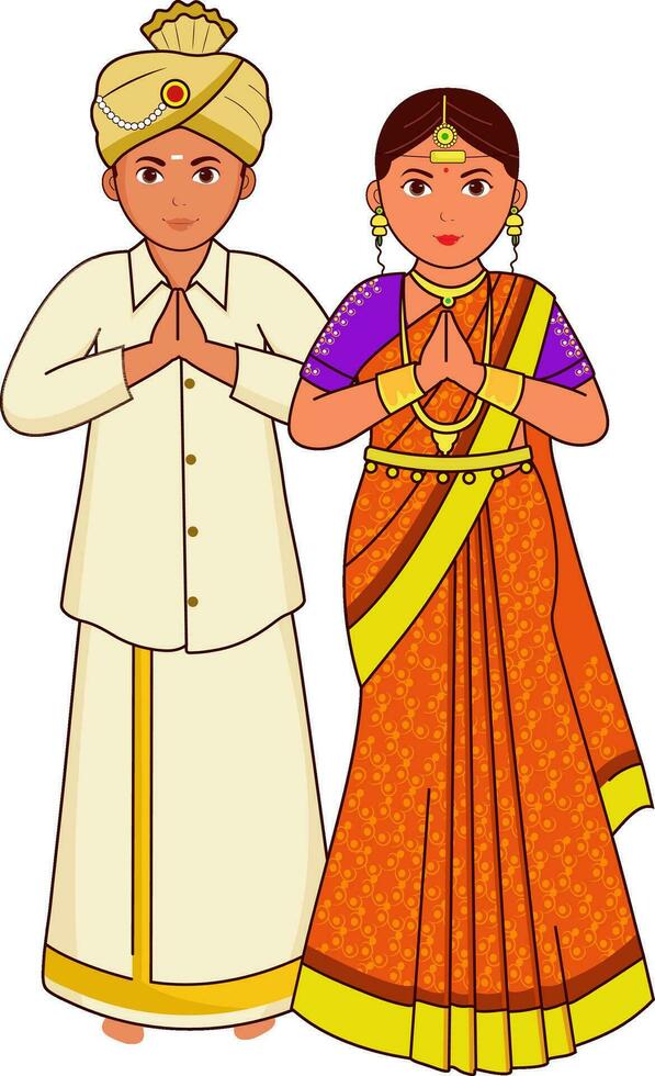 kongu Boda Pareja saludo namaste en tradicional atuendo. vector