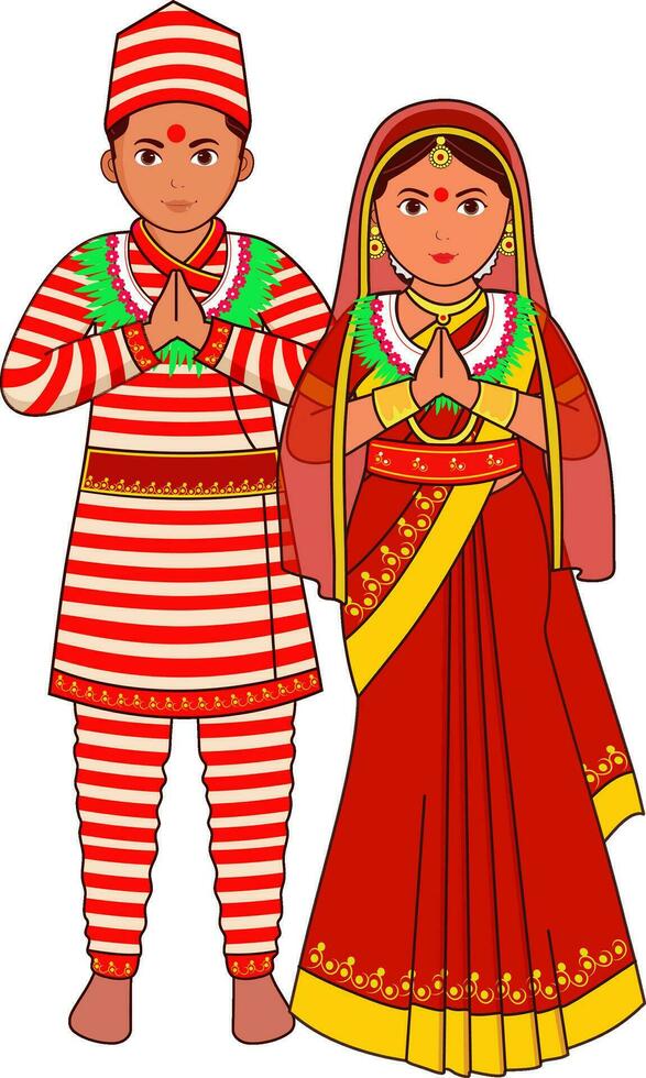 Nepali Bride And Groom Wearing Traditional Dress In Namaste Pose. vector