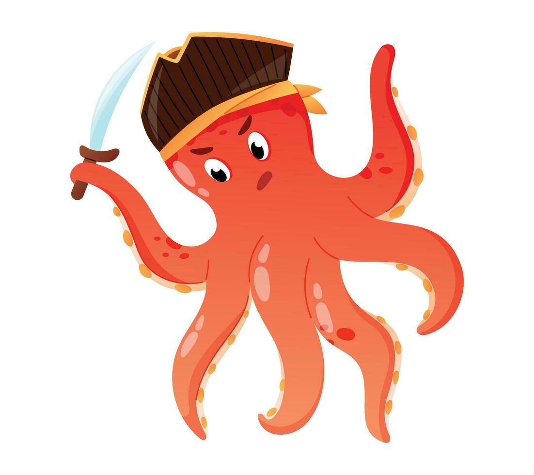 linda pirata pulpo con amplio rebosante sombrero y un daga. vector dibujos animados aislado niño personaje.