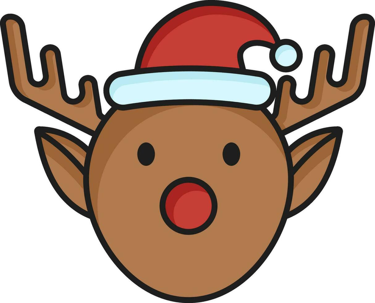 Christmas Reindeer Wearing Santa Cap Face Icon In Flat Style. vector