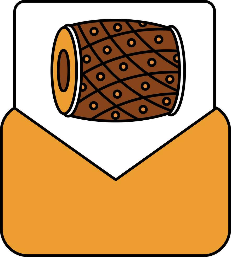 Orange And Brown Indian Musical Dhol Symbol Invitation Card With Envelope Icon. vector