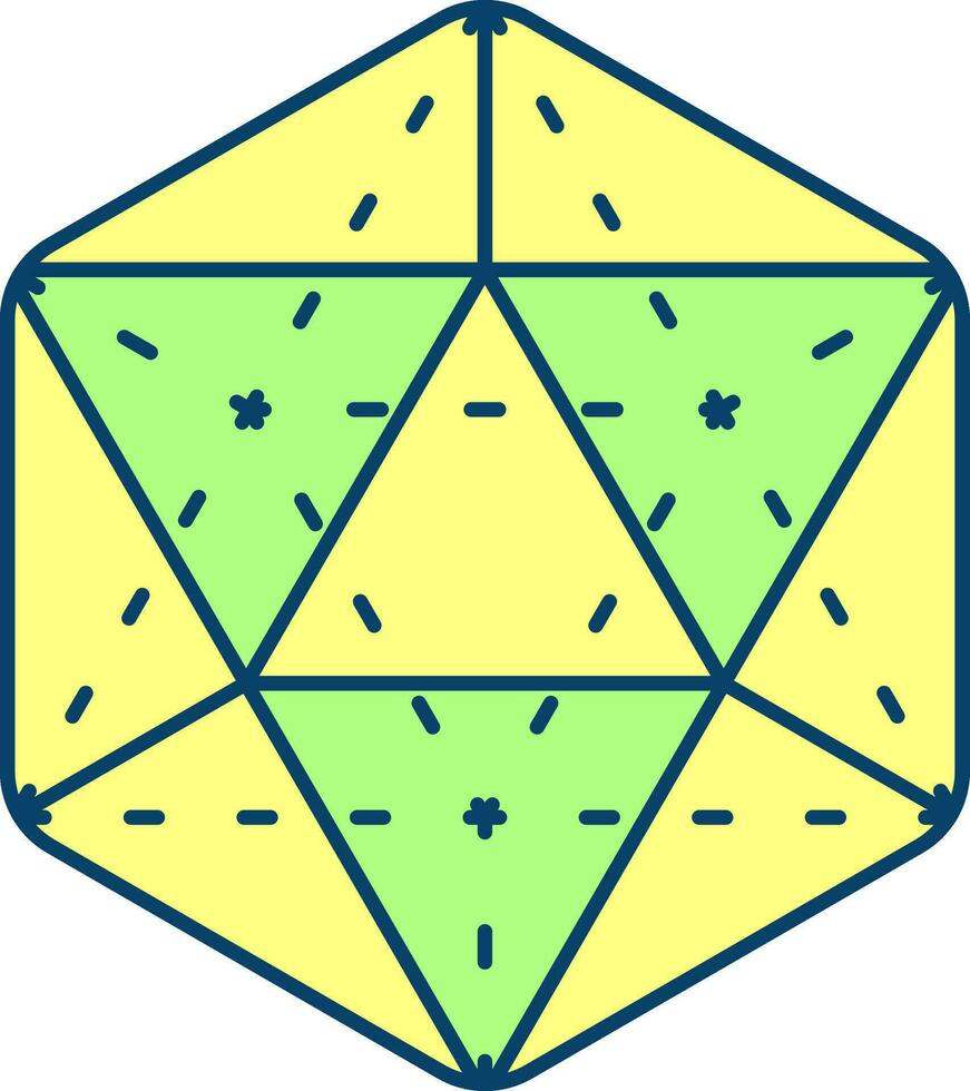Flat Style Icosahedron Icon In Green And Yellow Color. vector