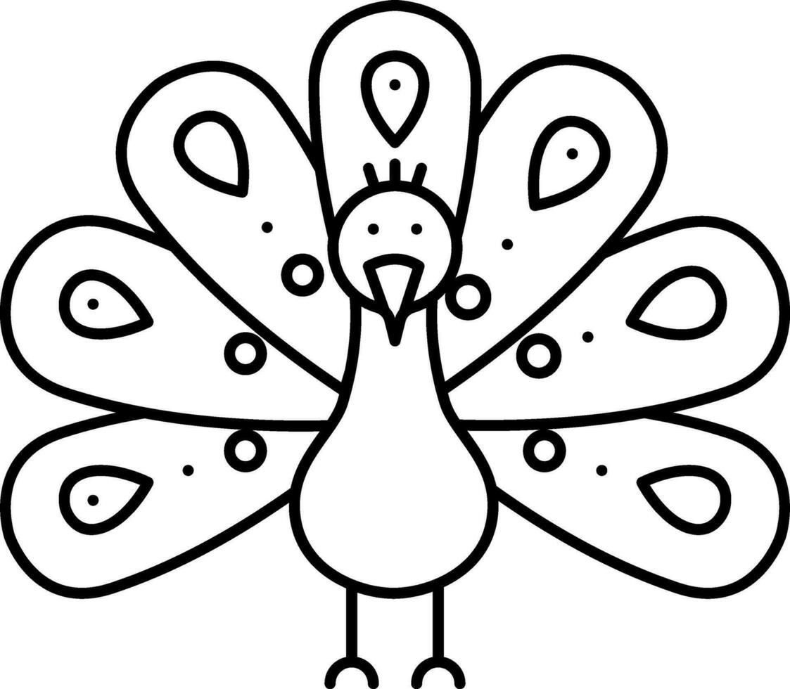 Peacock Cartoon Character Icon In Black Outline. vector