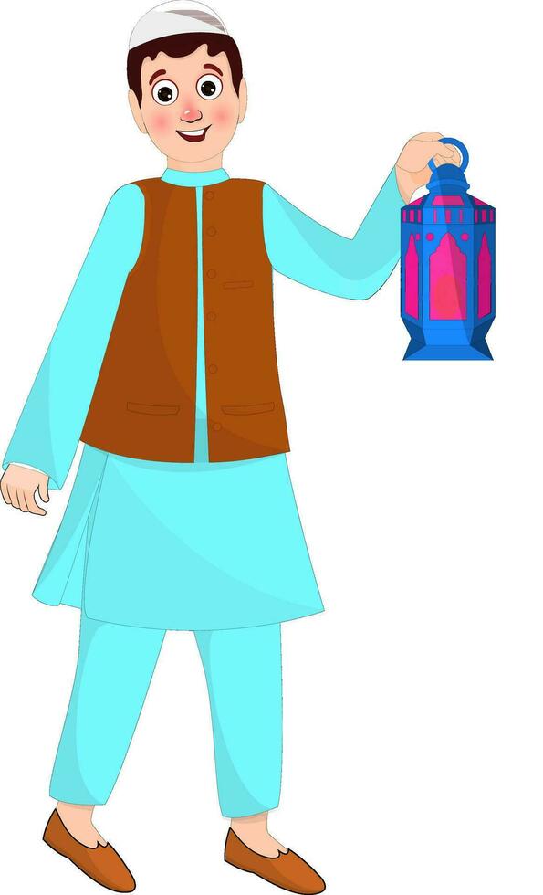 Islamic man character holding lantern. vector