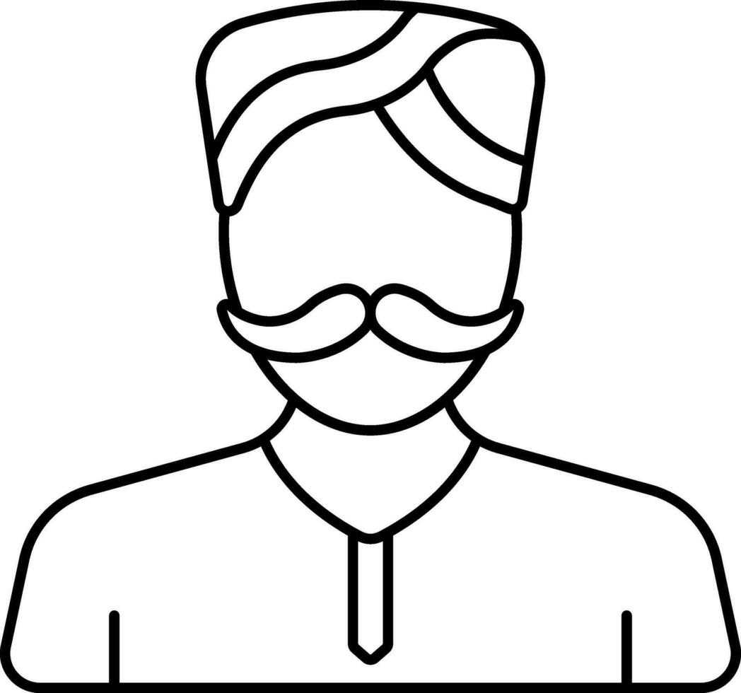 Black Line Art Illustration Of Indian Mustache Man In Traditional Dress Icon. vector