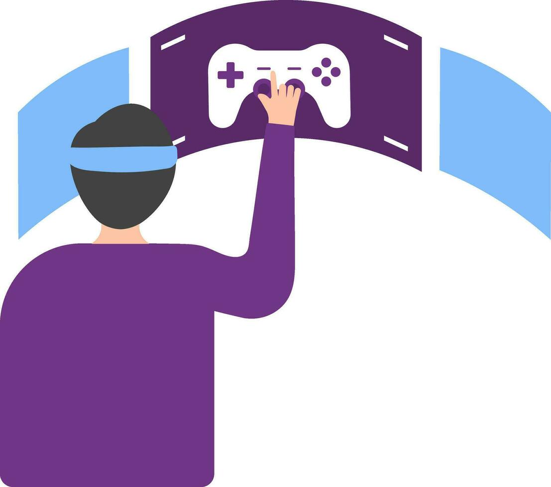 Back View Of Cartoon Man Touching Video Game Controller Screen Flat Icon. vector