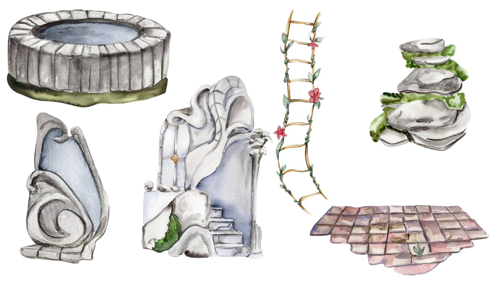Stone enter with stairs with grass, part of roof, window and stone well png