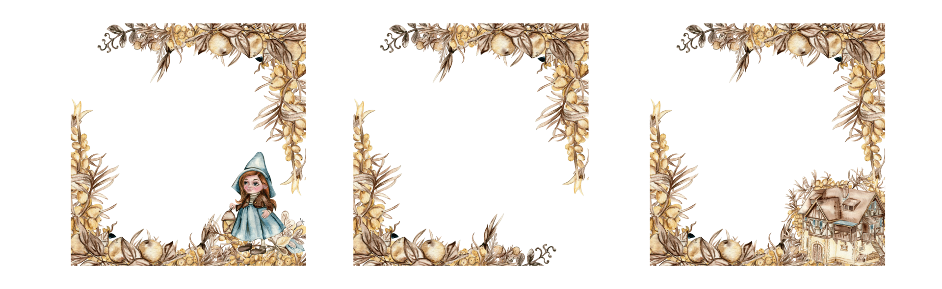 Watercolor hand drawn autumn square frame with sea buckthorn . png