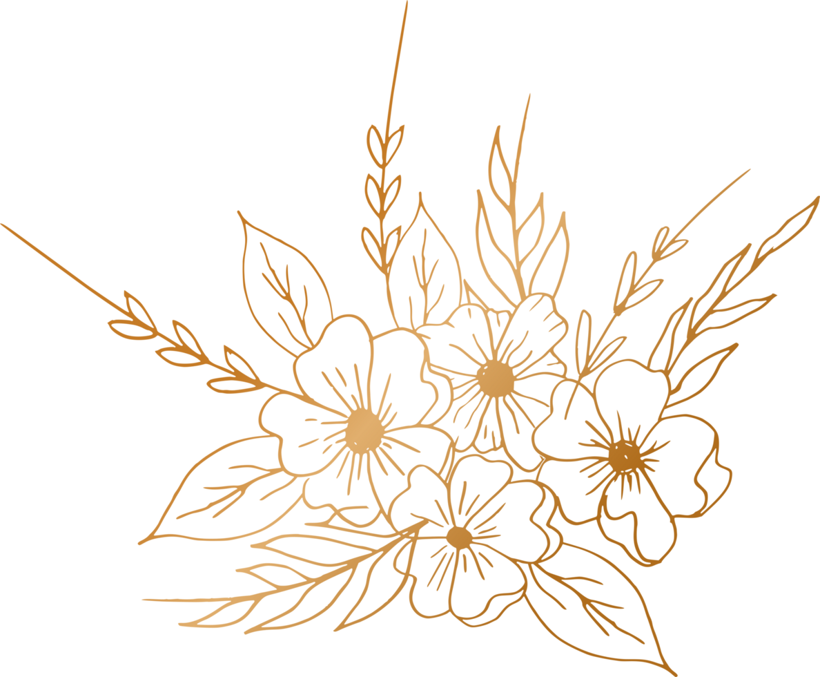 Elegant hand drawn floral bouquet with gold flowers and leaves png