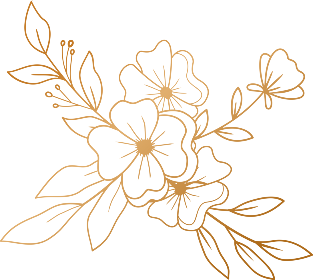 Elegant hand drawn floral bouquet with gold flowers and leaves png
