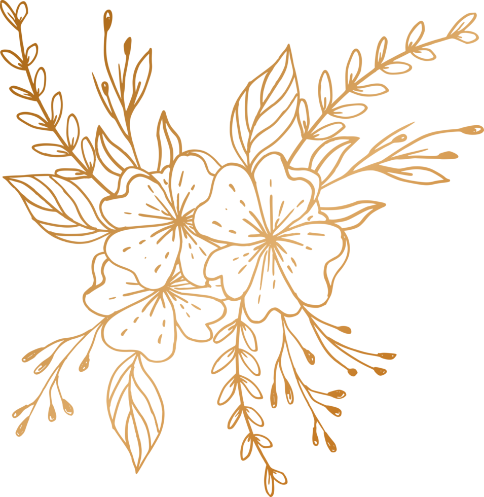 Elegant hand drawn floral bouquet with gold flowers and leaves png