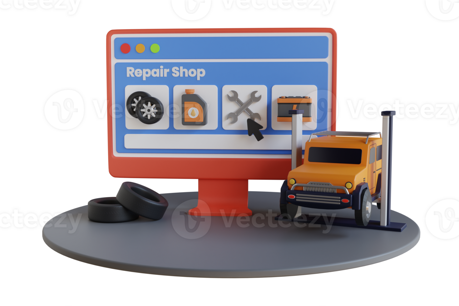 Auto Car repair service center online concept. Car repairing concept. Auto service online. 3d illustration png