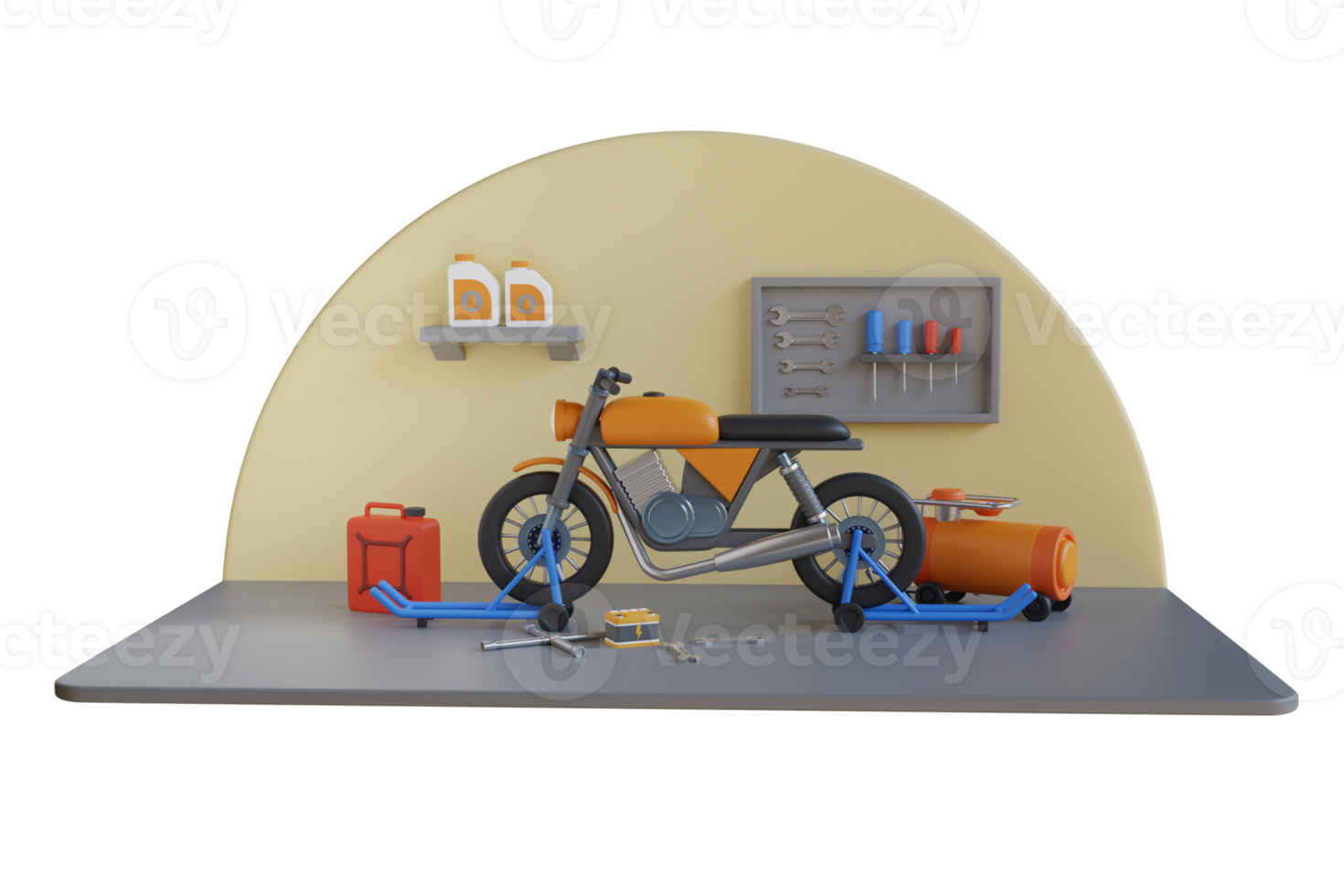 3d motociclo riparazione e Manutenzione servizio. classico box auto per motociclo riparazioni. 3d illustrazione png