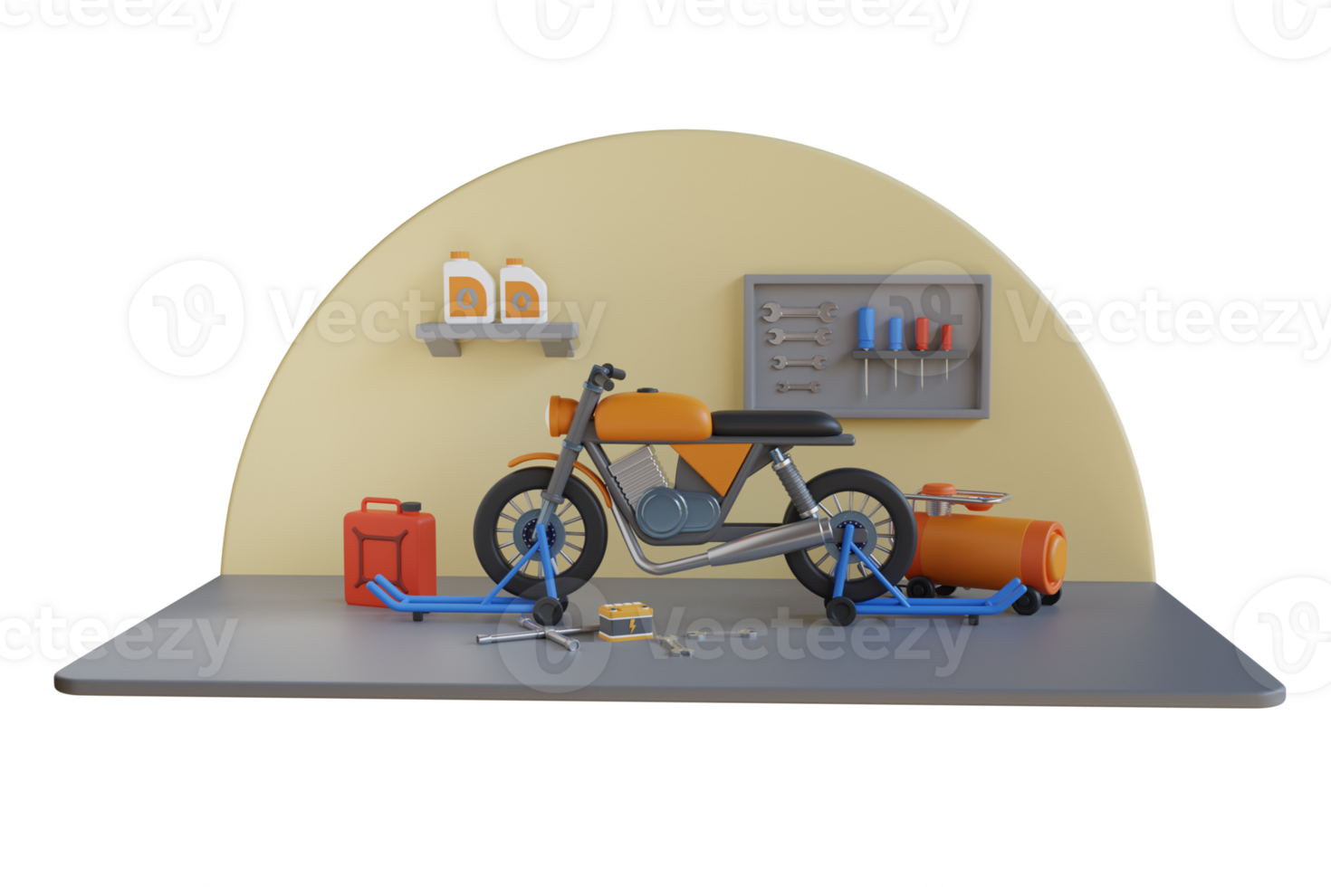 3d motocicleta reparar e manutenção serviço. clássico garagem para motocicleta reparos. 3d ilustração png