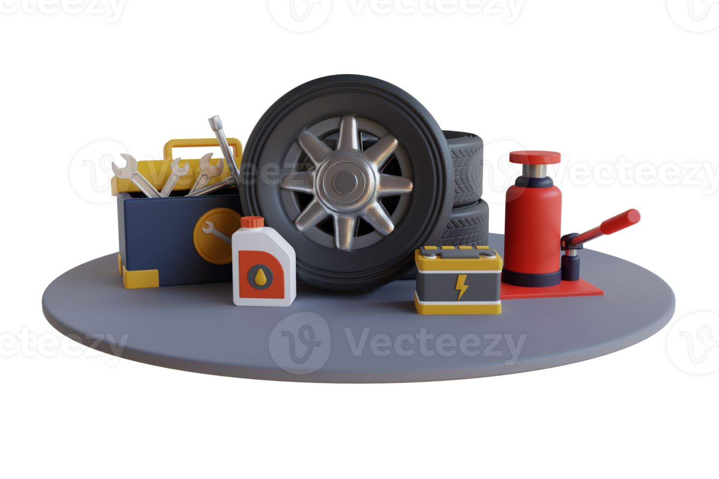 Car wheel and tire with service tools. service accessories with spanner, oil car, lift canister,  gasoline and battery. 3d illustration png