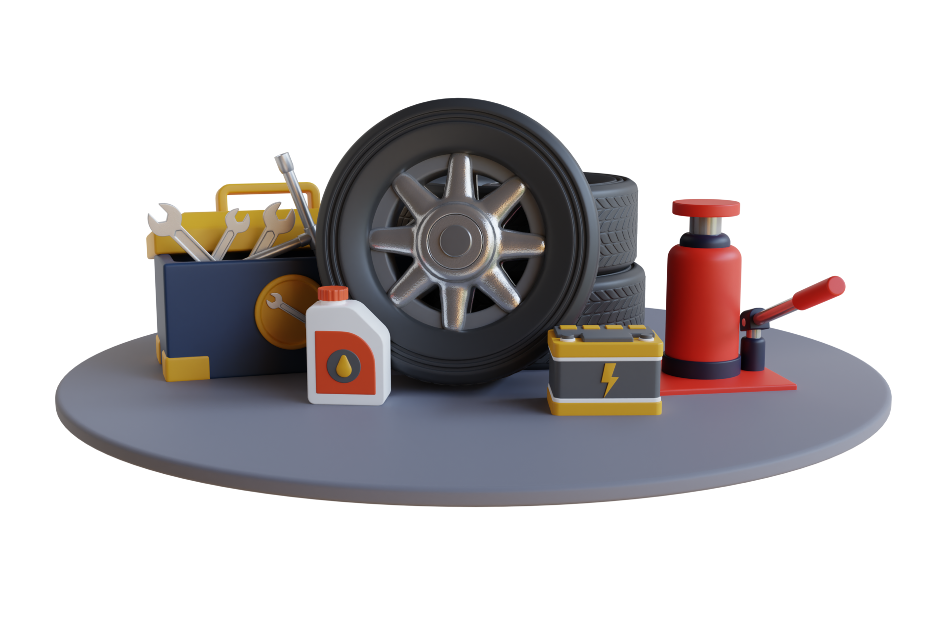 Car wheel and tire with service tools. service accessories with spanner,  oil car, lift canister, gasoline and battery. 3d illustration 24952063 PNG