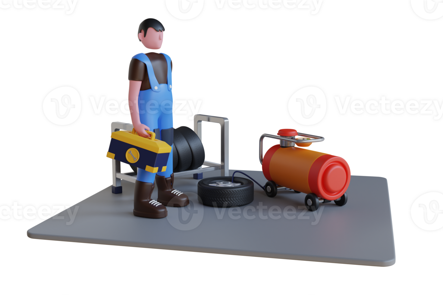 3d professional mechanic inflating tire at car service. mechanic filling air into car tire at garage. 3d illustration png